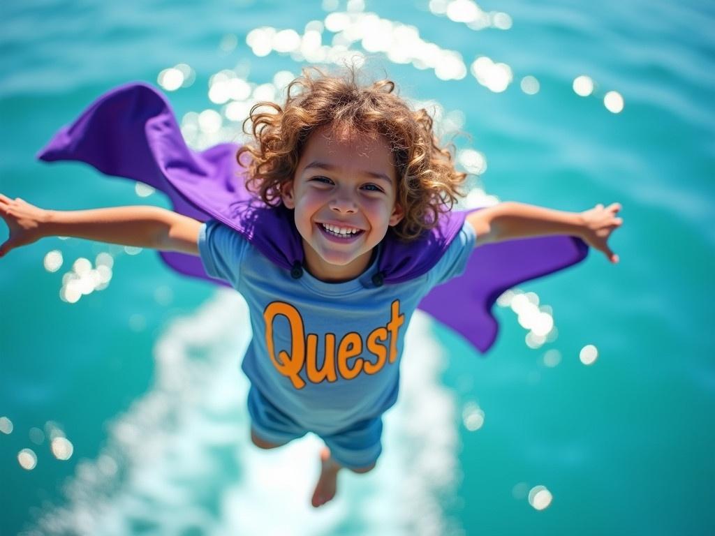 This image features a child flying through the air, wearing a purple cape that billows behind them. The child has curly hair and is smiling, embodying a sense of adventure and joy. Their shirt has the word 'Quest' written in bright, playful lettering, emphasizing the theme of exploration. The background is a vibrant blue, suggesting the ocean below, with sunlight reflecting off the water's surface. The overall mood of the image is whimsical and uplifting, capturing the essence of childhood imagination and freedom. This scene could represent a moment of playfulness and the endless possibilities of a child's dreams.