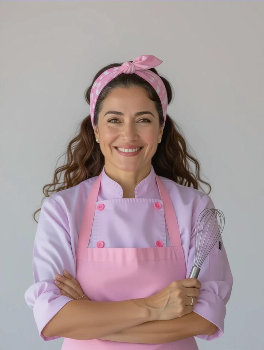 Portrait of a Brazilian pastry chef. She stands confidently with arms crossed. She has long curly hair and a pink headband. She wears a light lilac uniform with pink buttons and a pink apron. She holds a whisk in one hand. A soft pastel-colored background appears behind her. The composition is clean and centrally framed. The lighting is soft, creating a professional studio look.