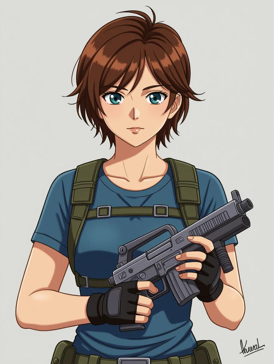 A character from a video game in a tactical outfit. The character holds a submachine gun. She has short brown hair and wears fingerless gloves. Character inspired by Resident Evil franchise.