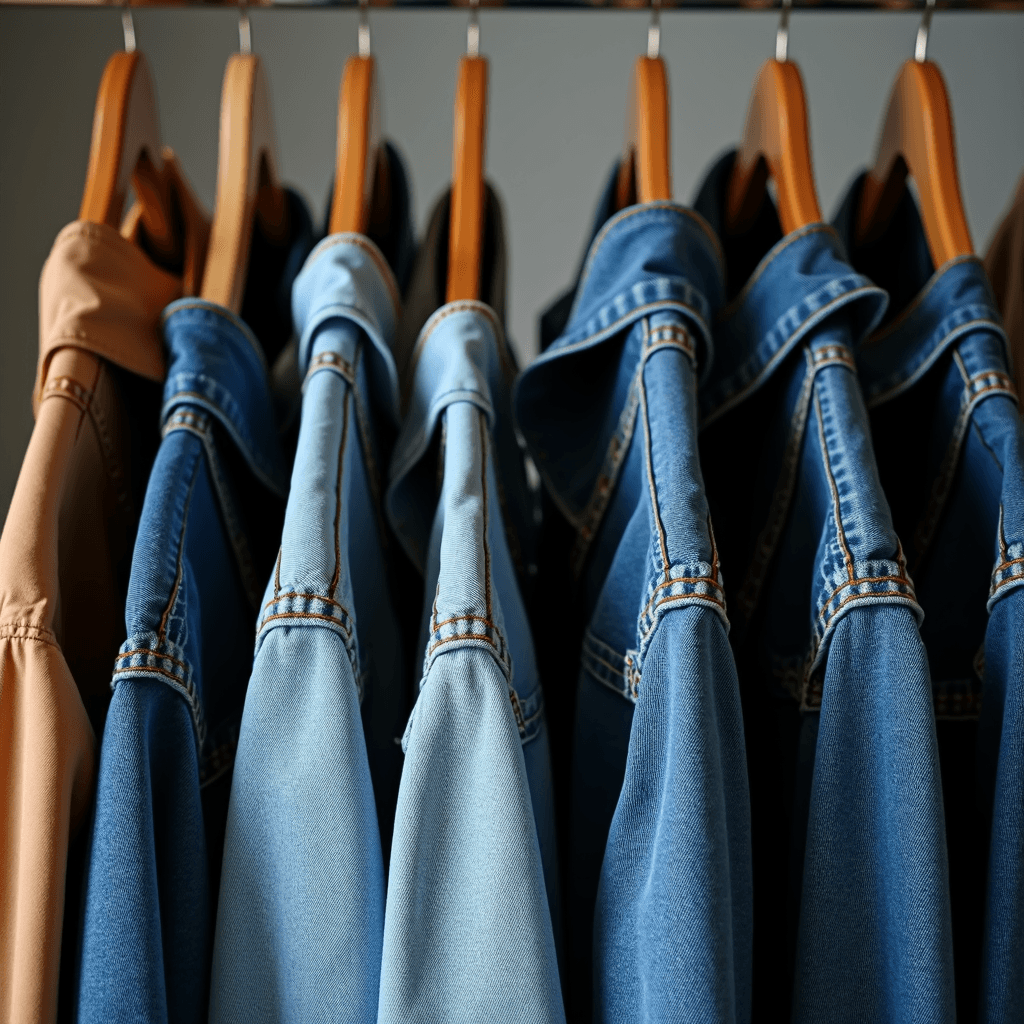 A row of blue denim shirts and a tan jacket hanging neatly on wooden hangers.