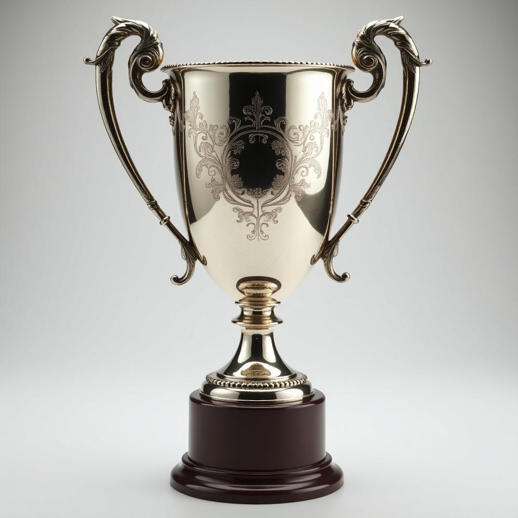 A silver trophy designed for soccer championships. The trophy has ornate engravings and two handles. It sits on a wooden base, shining brightly against a neutral background.