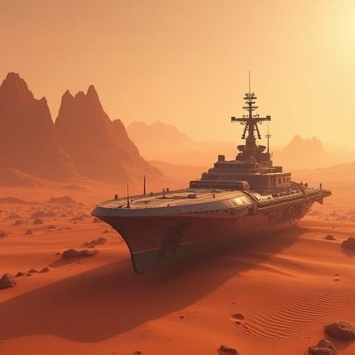 Image depicts a galactic freighter from the top right side landed on a desert planet. The terrain features reddish sands and sharp mountains in the background. The lighting creates a warm, otherworldly atmosphere.