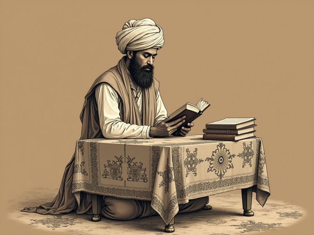 The image depicts a seated figure at a table, wearing traditional attire and a turban. The person appears to be engaged in reading or studying, surrounded by several books neatly placed on the table. The environment is suggestive of a scholarly setting, likely indicating an academic or religious context. The tablecloth has an intricate design, adding to the historical aesthetic of the scene. The background features a simple, solid color that draws attention to the subject and books.