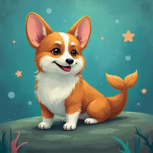 A playful illustration of a cheerful corgi dog with a cute expression. The dog is set against a turquoise background with soft bubbles and star shapes. Its fur is predominantly orange with white accents, and its ears are large and expressive. It sits on a small rock in a whimsical underwater scene.
