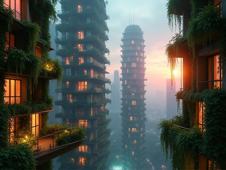 Cinematic view from a glass balcony at pre-dawn golden hour. Bioluminescent brutalist skyscrapers are covered in cascading neon-green ivy and glowing plants. Window lights are warm amber and soft pink. Morning mist and light rain add atmosphere. Vertical gardens have subtle blue-green bioluminescence. Close plants in foreground contrast with illuminated towers. Golden sunrise glows through clouds. Aesthetic is futuristic and cozy with vibrant, moody lighting. Quality is hyper-detailed organic architecture.