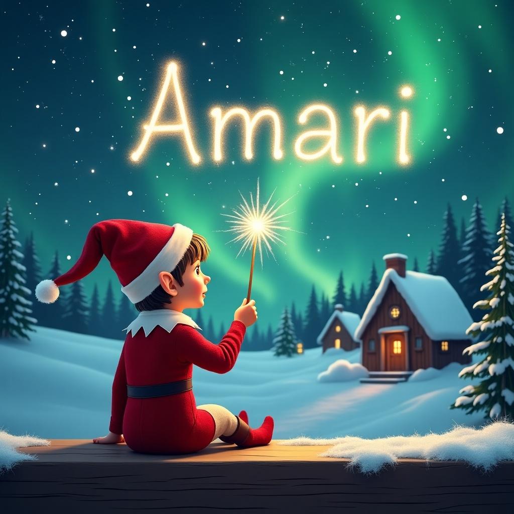 Elf seated on a wooden ledge gazes at a magical sky. Dressed in red with a pointed hat, holding a sparkling wand. Writing Amari in the starry sky. Background features snowy landscape with little houses and evergreen trees under Northern Lights. Whimsical scene of childhood magic and Christmas cheer.