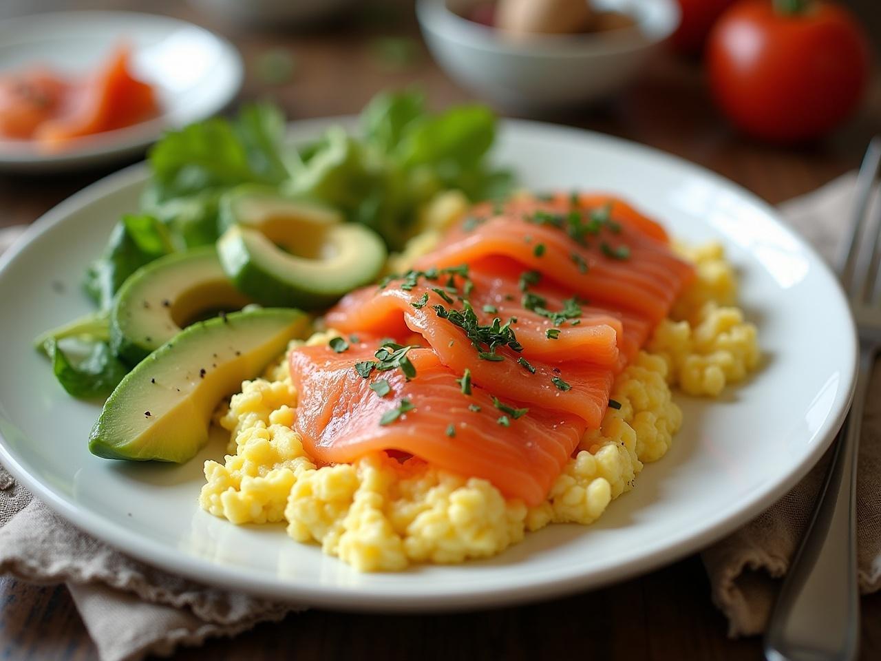 This image showcases a gourmet breakfast plate featuring scrambled eggs with stylish swirls of whipped mashed potatoes. Layered beautifully on top is delicate, smoked salmon, glistening with a hint of citrus. Complementing the dish are fresh avocado slices and a side of vibrant salad with ripe cherry tomatoes. The presentation is elegant and appetizing, appealing to those who appreciate high-quality food photography. Soft, natural lighting captures the textures of each ingredient, making it a stunning visual treat for any food lover.