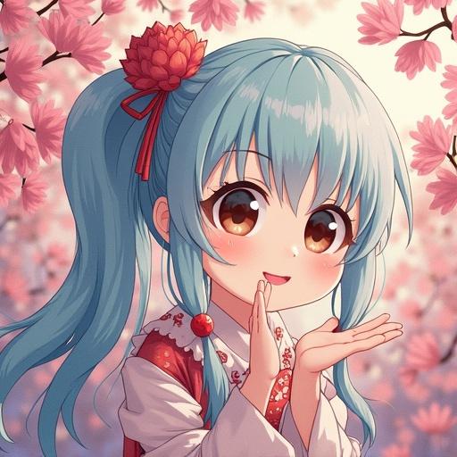 Cute anime girl with blue hair and cherry blossom background. She wears traditional clothing, with a playful expression while making a gesture as if greeting someone. The scene captures the beauty of spring.