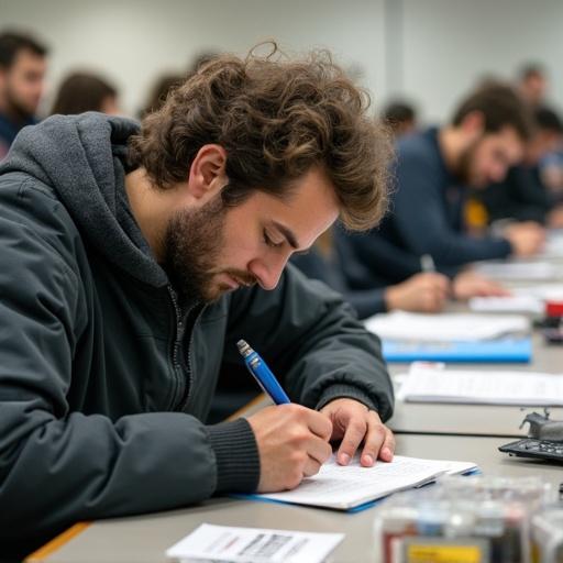 Individual focused on writing. Background features other people engaging in similar activities. Notebook on the table. Group study environment.
