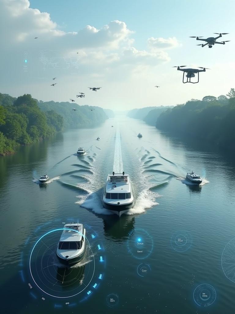 Innovative flood monitoring and response system in action. Various vessels navigate a river. Prominent autonomous boat at center. Drones and digital interfaces for data analysis. Serene landscape with advanced technology. Showcases future of disaster management.