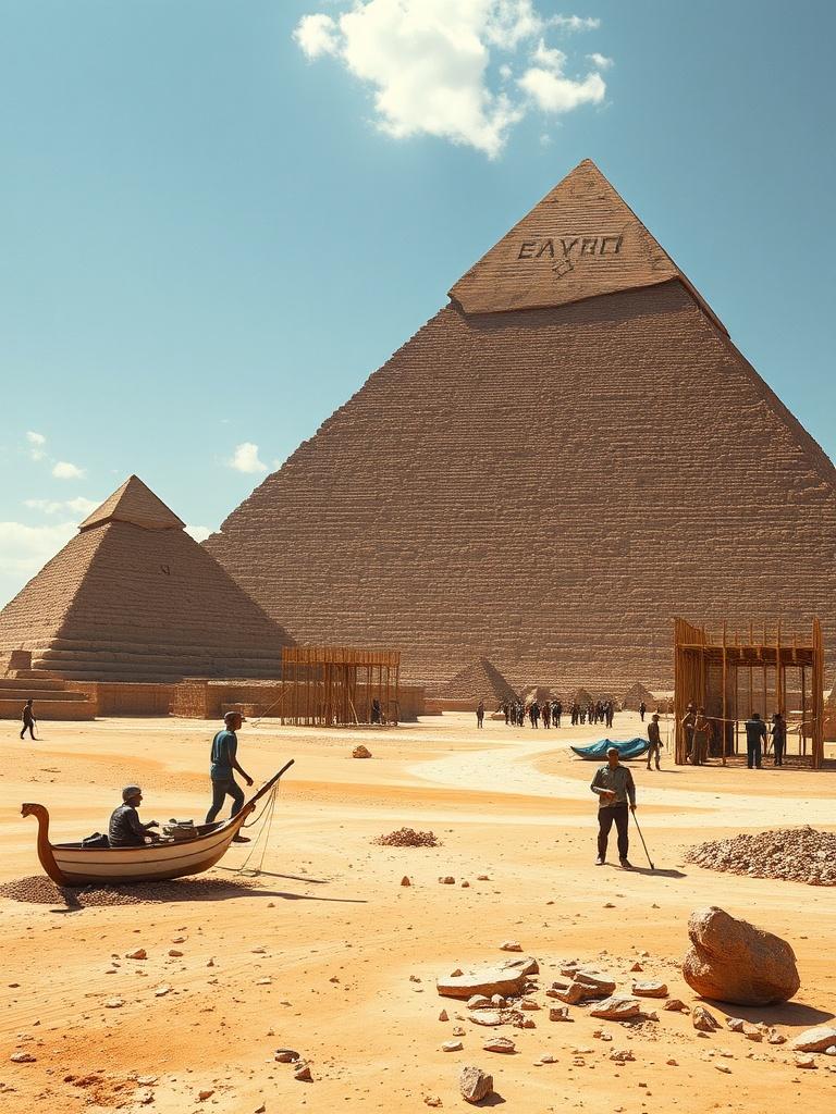 This image portrays a desert scene with three towering pyramids under a clear blue sky. The primary pyramid features a large engraving on its surface. The foreground includes workers engaged in constructing scaffolding and transporting materials, offering a glimpse into the construction techniques of ancient civilizations.