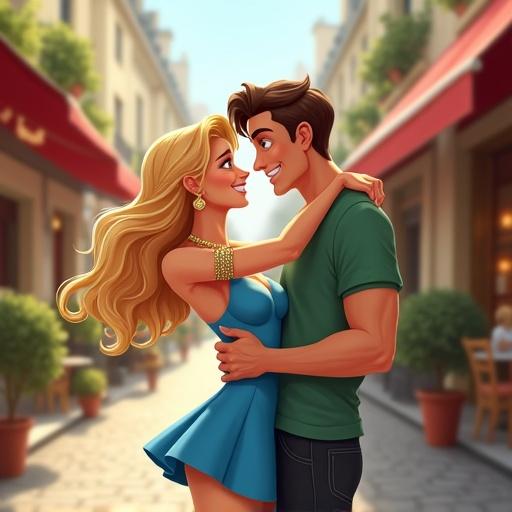 a joyful couple embraces in a romantic Parisian street surrounded by charming cobblestone paths and quaint cafes. a girl in a flowing blue short dress adorned with a dazzling gold necklace matching bracelet and elegant gold earrings. her bright smile radiates warmth with flowing blonde hair and sparkling green-light blue eyes. a boy in a casual green shirt and black jeans holding her close creating an intimate moment against the iconic Parisian architecture. cartoon style