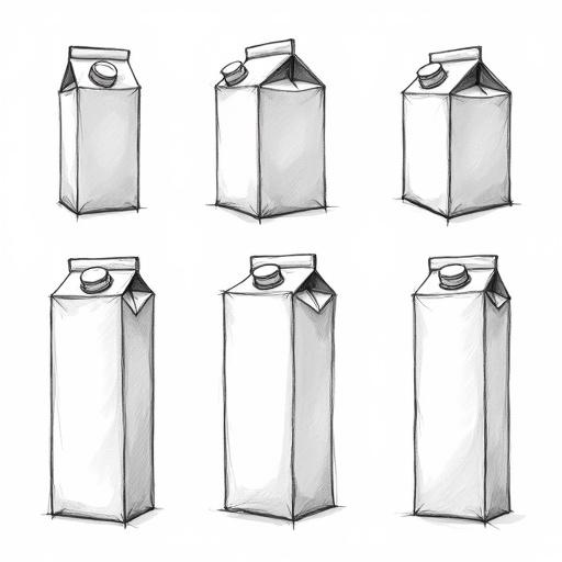 Concept design digital vector sketch sheet of multiple Tetra Pak carton packaging iterations drawn with black pen outlines and grey marker shading on white background. Various perspective views clean professional industrial design style highlighting form and function.