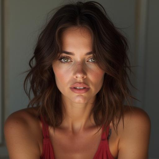 Portrait of a young woman with wavy hair wearing a reddish outfit. Soft lighting highlighting her facial features. The image is a close-up shot.