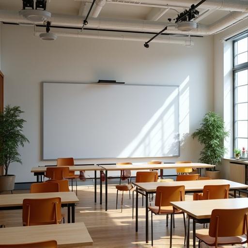 Classroom with modern features and facilities. Desks and chairs arranged for students. Bright environment with large windows. Green plants near the windows. Whiteboard at the front of the room.