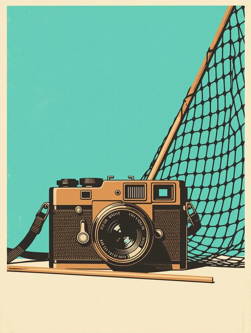 Minimalistic silhouette film poster features a small old brown camera and a small swimming pool leaf net with a stick. No text is present and layout focuses on interesting design, old photo texture, and abstract elements with turquoise lighting in a minimalistic style using negative space.