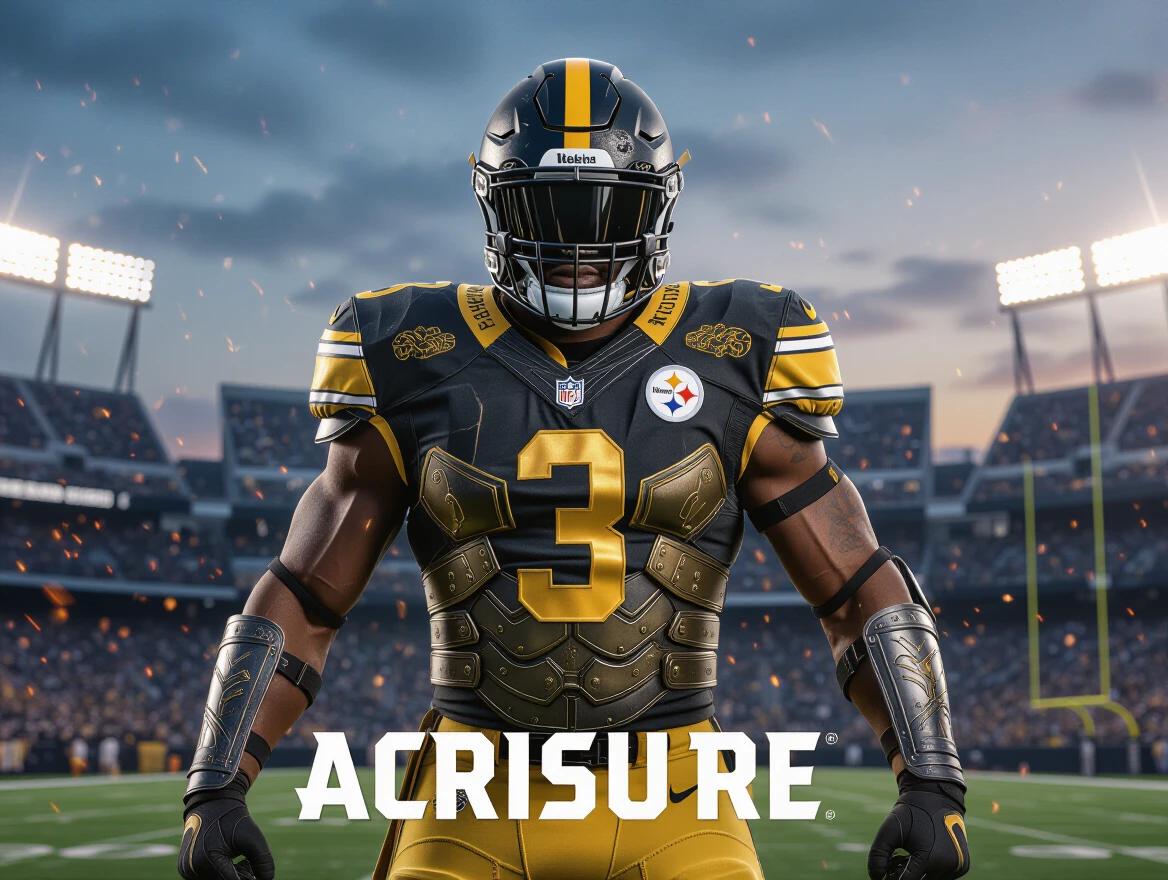 A hyper-realistic action portrait of a Pittsburgh Steelers football player in a dynamic pose. The player wears medieval-inspired armor styled in black and gold with white accents. The armor has detailed steel plating with golden engravings. The Steelers logo is visible on the armor. The jersey number 3 is glistening in metallic gold. Background features Acrisure Stadium with dramatic dusk skies. Stadium lights create cinematic rays with sparks and motion blur in the atmosphere. Image is ultra high-definition 8K with photorealistic detail and high contrast.