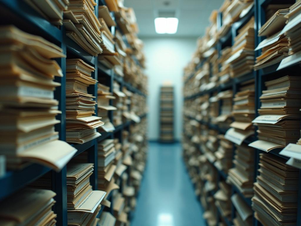 Piles of files are seen in multiple rows of filing cabinets within an office or medical establishment. The cabinets are overflowing with numerous files, creating a busy and cluttered appearance. The files have various labels, suggesting they contain important documents or records. The atmosphere is somewhat chaotic, reflecting the demands of organization in a fast-paced environment. Soft lighting creates a slightly blurred view, emphasizing the abundance of information stored away.