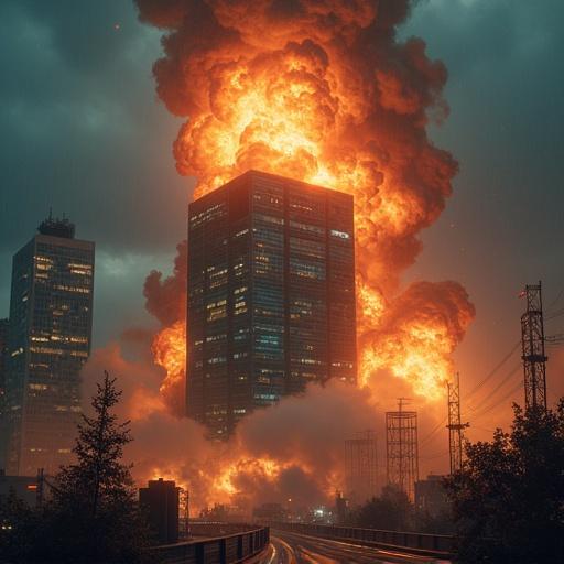 Cyberpunk scene showcasing a mega corporation headquarters exploding at night during rain. Dramatic explosion with bright flames and smoke captivating the high-tech building.
