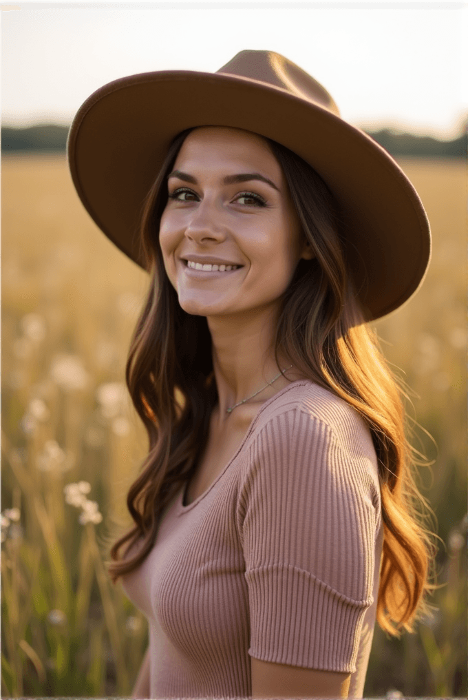 A smiling woman wearing a wide-brimmed hat and knit top stands in a sunlit field, her long hair cascading over her shoulders.