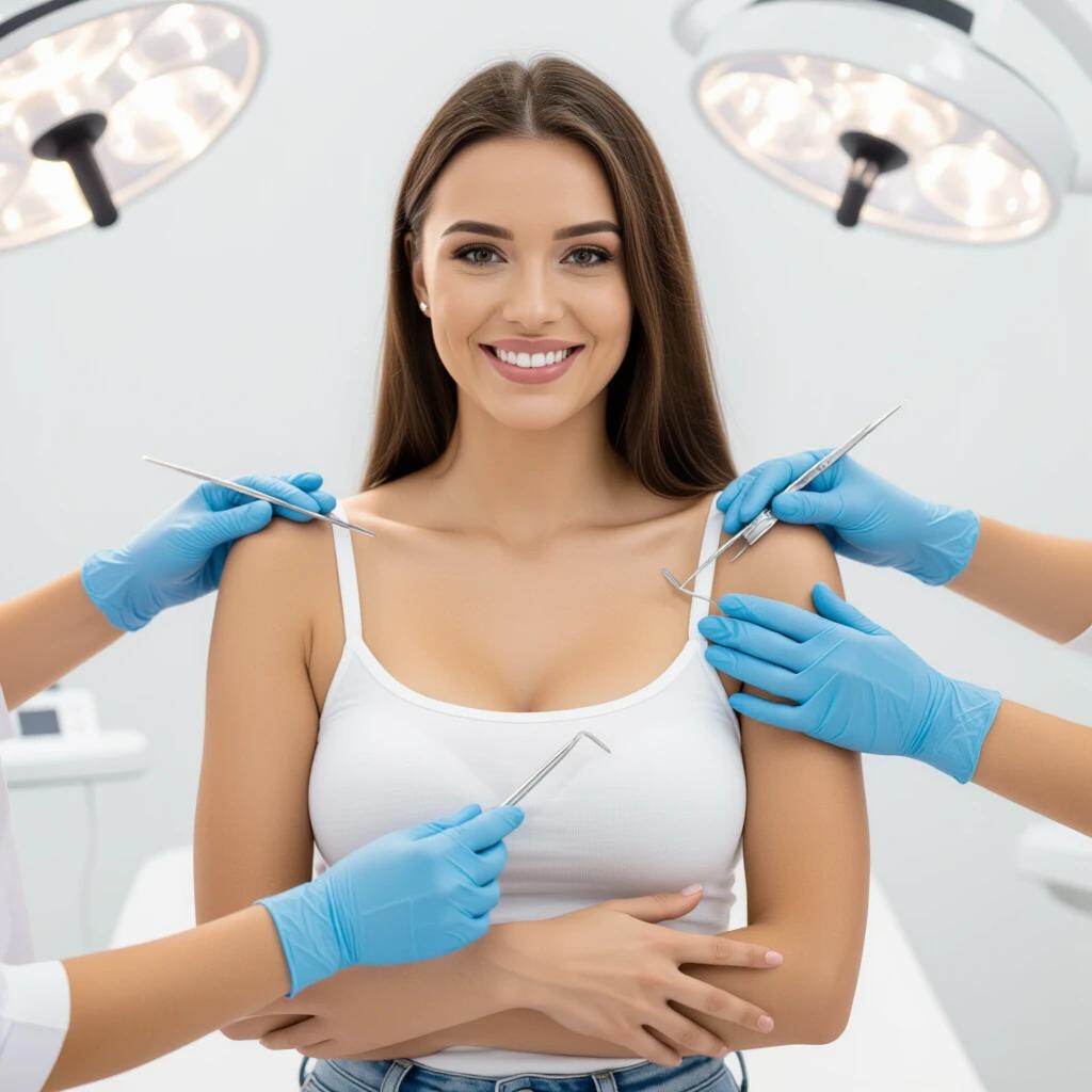 Aesthetic surgery focusing on breast enhancement. Procedures performed by medical professionals in a clinic. Patient shown in a professional healthcare environment. Hands display surgical tools ready for the procedure. Careful patient examination.