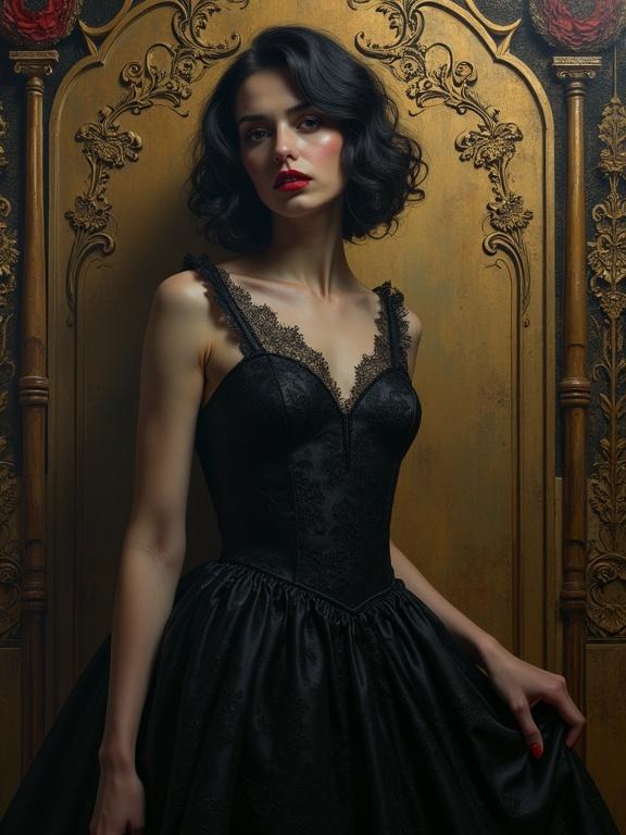 Captivating close-up portrait of a gothic woman in a detailed black lace dress. Stands in a dark ornate Art Nouveau room. Light emphasizes her ethereal beauty.