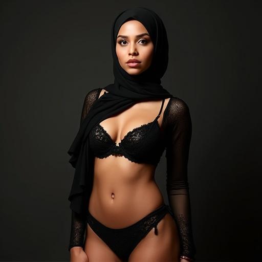 Model wearing black lace lingerie with a hijab. Soft lighting emphasizes a confident posture and expressive eyes. An elegant balance of modesty and sensuality in appearance.