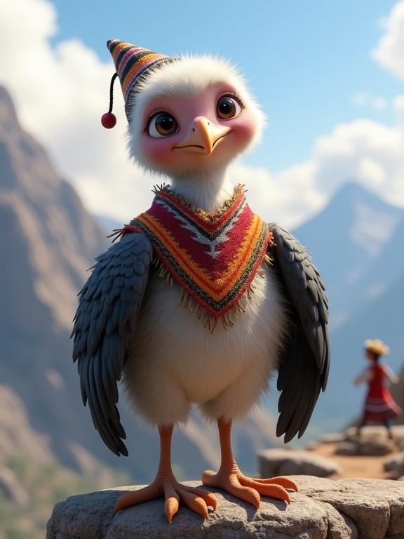 A super cute baby Andean condor in 3D with fluffy gray feathers and a bald head with pink skin. Large dark wings folded at its sides. The condor chick has a slightly curved beak and big expressive eyes. It stands on a rocky cliff in the Ecuadorian Andes smiling sweetly. It wears a small Andean poncho with red and yellow patterns and a tiny woven hat with ear flaps. The background shows mountains and clouds.