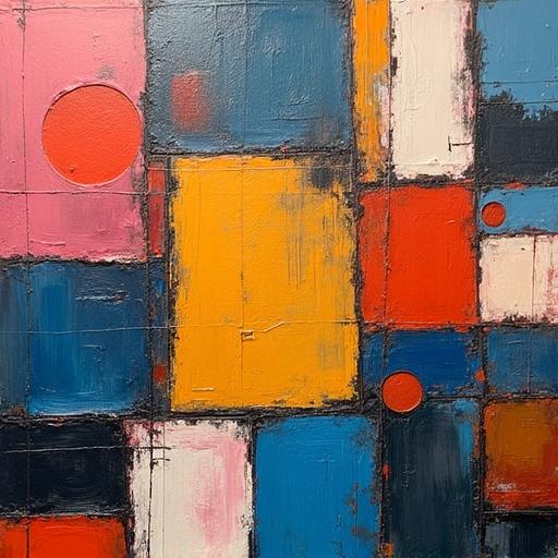 Abstract acrylic collage art. Colorful areas of geometric shapes. Bright colors including yellow red blue pink and white. Impasto technique used for texture.