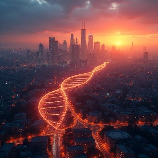 Aerial view of a city skyline at sunset. Roads and lights subtly form a glowing DNA double helix. Warm glowing color palette. Symbolic representation of cities being alive and coded. Futuristic surrealism.