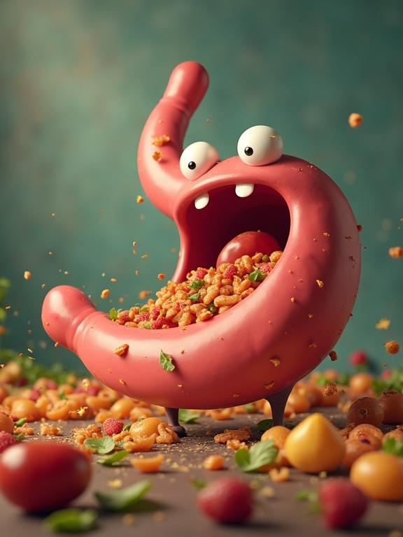 A cartoon stomach character with a mouth open wide. The stomach character is animated and expressive. Surrounding it colorful food items like fruits and snacks are scattered everywhere. The character appears joyful while shouting.