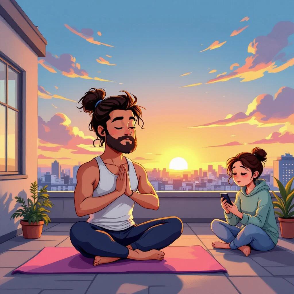 A humorous cartoon-style illustration on a rooftop at dawn. A friend effortlessly does yoga. The scene captures a serene sunrise backdrop. A bewildered person observes nearby. Bring out cheerful energy and calm serenity in artwork.