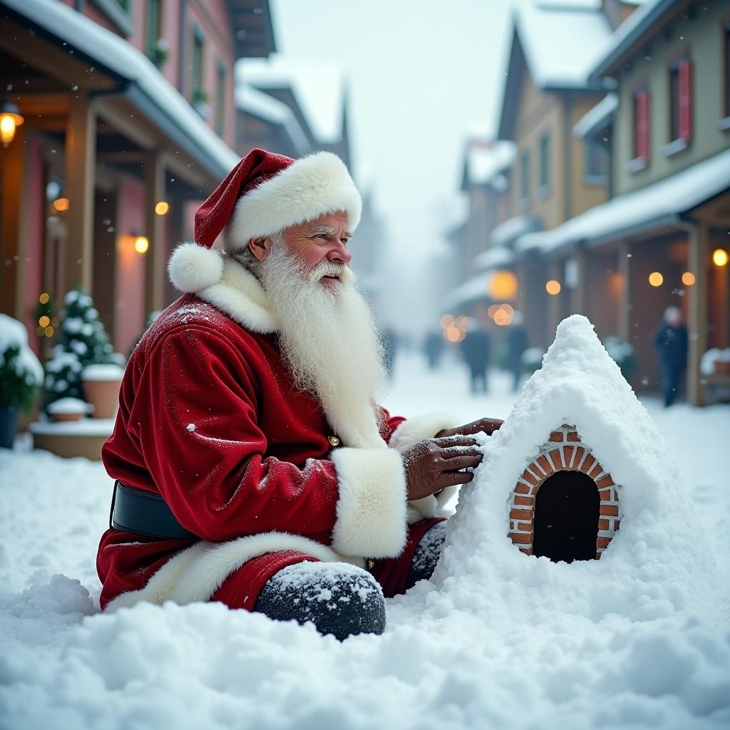 Santa Claus sitting in snow making a small home with snow. Wearing traditional red and white clothing. Street is snowy with charming buildings. Scene has soft winter light. Conveys cheerful holiday atmosphere.