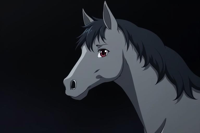 A light gray anime horse with dark mane. The horse can be born dark and lighten with age. Color transitions from almost black to white. Dark background highlights the horse.