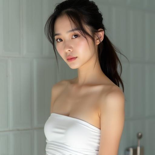 Asian girl with ponytail wearing a white tube top. She gazes at the camera with a soft expression. The background has a light, airy feel.