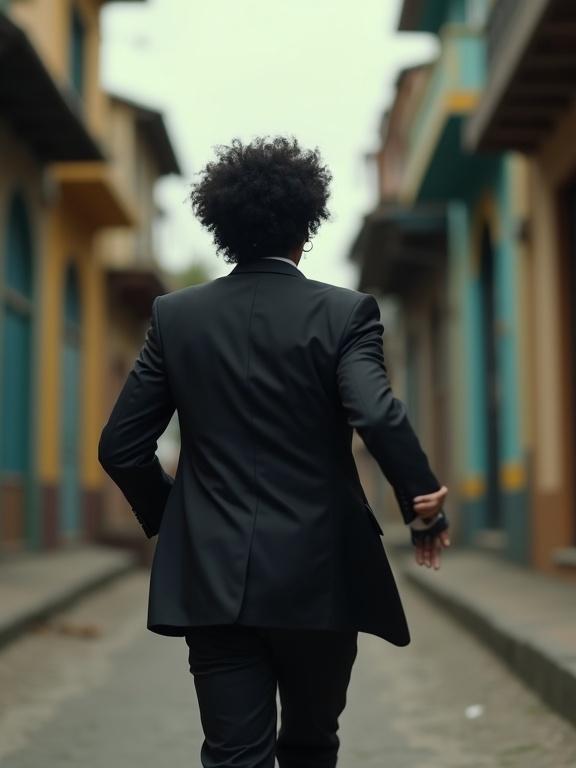 Photorealistic depiction of a modern Brazilian man running down a street. The man is viewed from behind, wearing a dark suit and looking back. He has thick, black, wavy hair. The scene evokes a sense of adventure and mystery, while creating a feeling of dread and terror.
