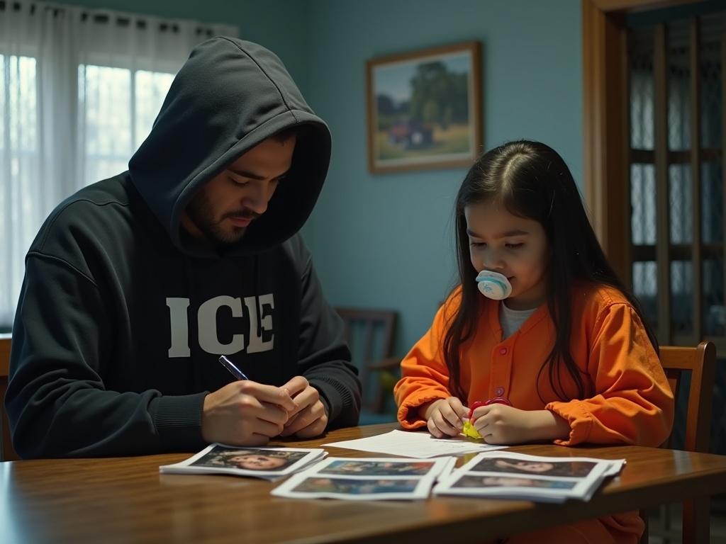 Hooded man with ICE uniform sits at a table with Latin American girl in orange jumpsuit. Girl has pacifier and handcuffs. Mother shows photos of other children. Girl is about to confess while mother offers toy as bribe. Mother writes confession. Cage with her sister is nearby.