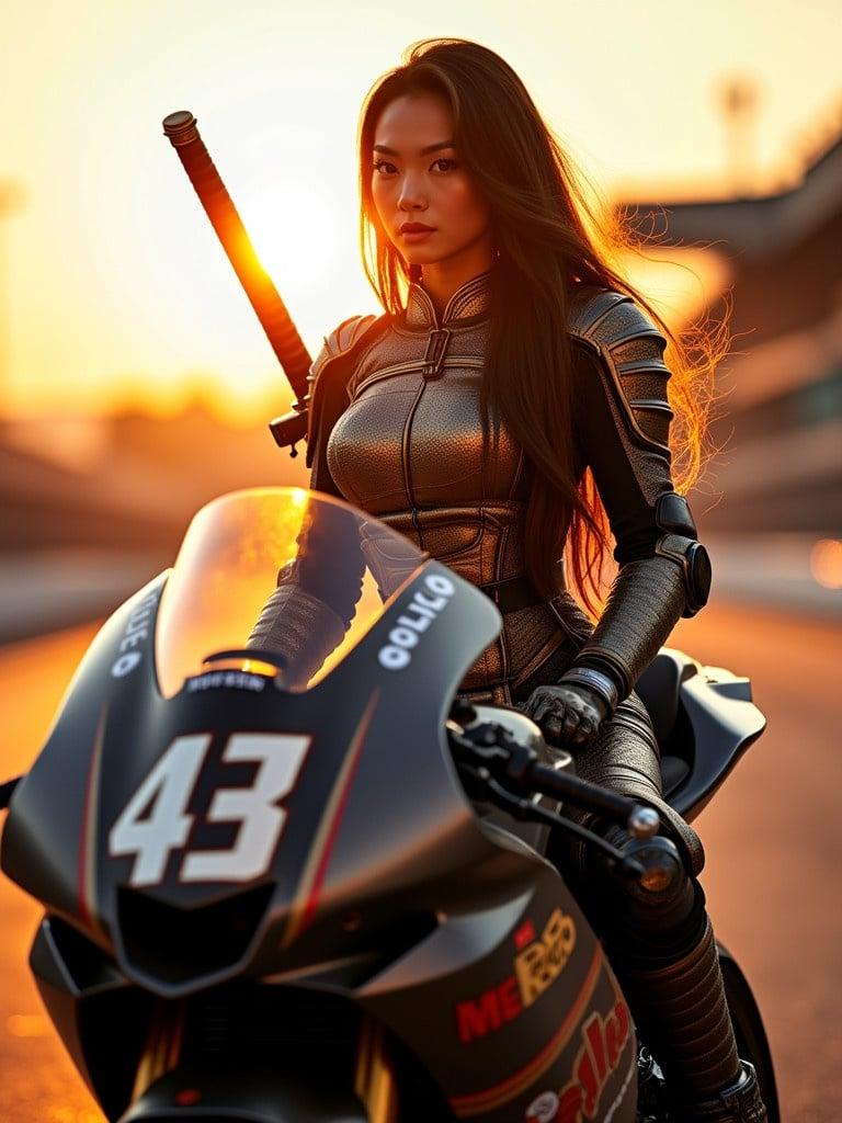 Standing image of a woman with glowing skin wearing samurai armor on a MotoGP bike at sunset. Her sword hints at a warrior spirit. Warm golden glow enhances armor and bike details. Long hair flowing dramatically. Scene is lively with a racetrack in the background.