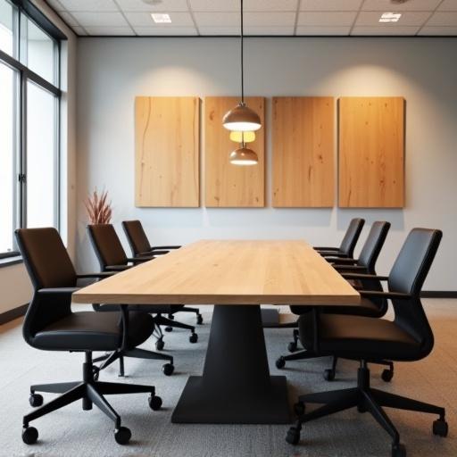5 wooden boards arranged on a long table in a board room with chairs around it