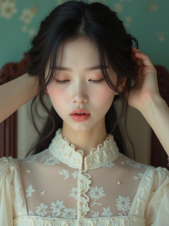 Creative portrait of a young lady in a delicate lace garment. Shades of mint cream and purple are present. Close-up shows her eyes closed and mouth slightly open. Neutral skin tone is highlighted by soft lighting. Visibly textured skin with professional painting techniques gives a brushstroke feel. The setting includes a Victorian European Empire chair in a dreamy atmosphere.