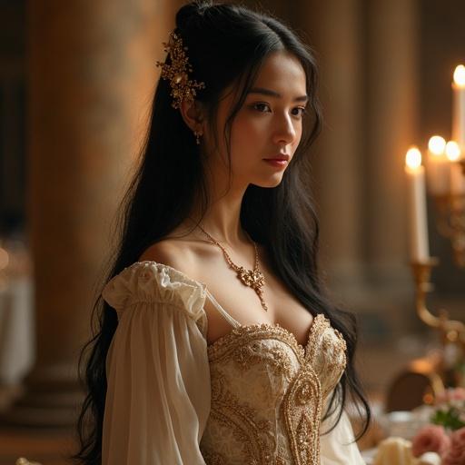 Portrait of a woman with long straight black hair wearing a delicate golden ornament. She smiles gently in an ethereal gown with translucent fabrics and ornate embroidery. Her attire emphasizes her elegant features. She stands in a grand candlelit dining hall. Soft magical lighting enhances the scene's grace. A semi-realistic style captures the nobility of the setting.