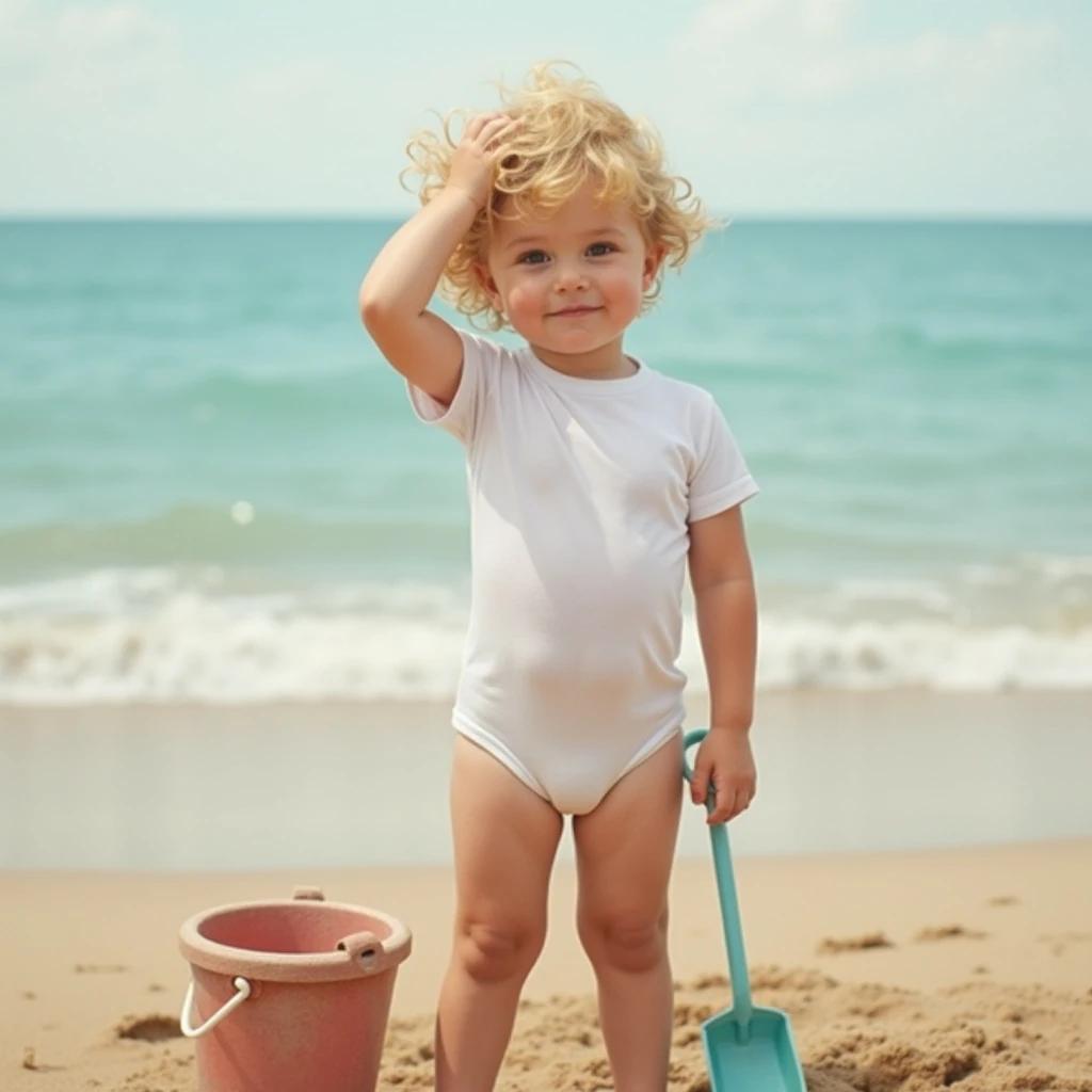 Portrait of a boy with blonde hair wearing a white swimsuit and a T-Shirt. He stands at the beach with a hand on his head and the other on his hip. A bucket and shovel are lying in the sand near him.