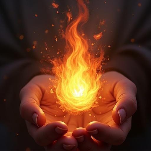 A person holds a small fireball in hands. The fireball glows with orange and yellow flames. The hands are open and gently cupping the fire. The background is dark to enhance the fire's brightness.