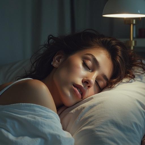 Woman lying in bed sleeping peacefully with a soft expression. Cozy bedroom setting with warm lighting. Focus on relaxation and tranquility.