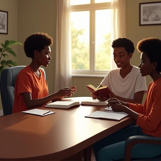 Image shows a conference room with an oval table. Four African-American students are seated around the table. A teacher sits at the front holding a Bible. Students have Bibles with pens and papers. The teacher reads from her Bible. Students focus on the teacher. Morning sunlight streams through a window.