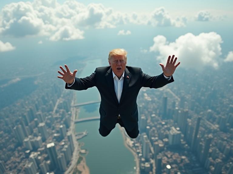Donald Trump floating mid-air while skydiving. Jumping out from a plane at high altitude. Flying above the sky with a view of the whole city below.