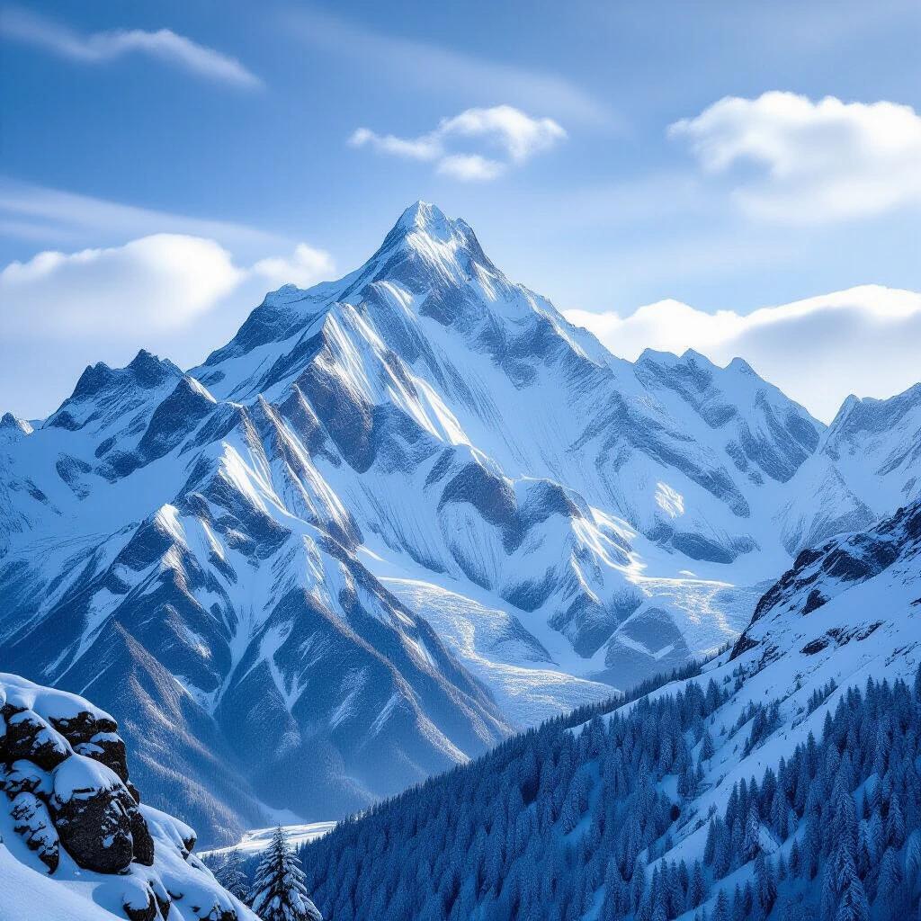 Towering snow-capped peaks in the background. Snow-covered mountains dominate the scene. Idyllic winter landscape under a blue sky. Shadowed valleys and rocky outcrops in the foreground.
