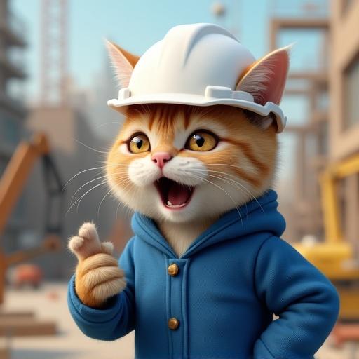 Semi-realistic cat with a hard hat and blue work jacket, expression of surprise, construction site background.