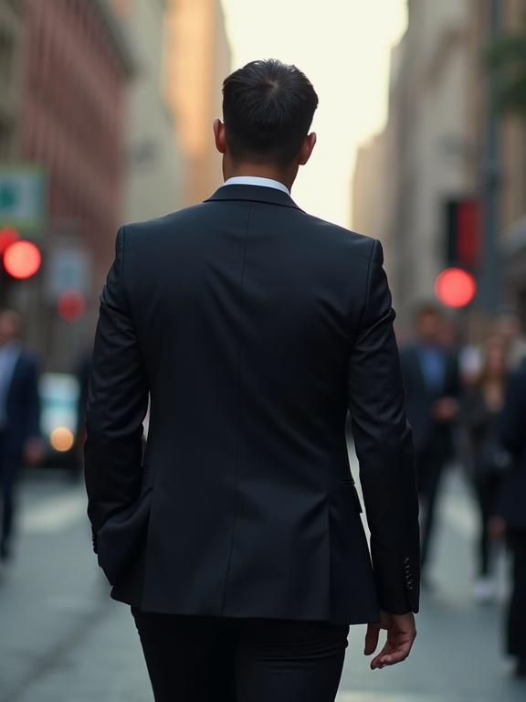 A handsome Latino man in a dark suit walking through a busy street with his back turned to the camera. He looks back into the camera with a fearful expression. The city is filled with people in business attire and traffic.