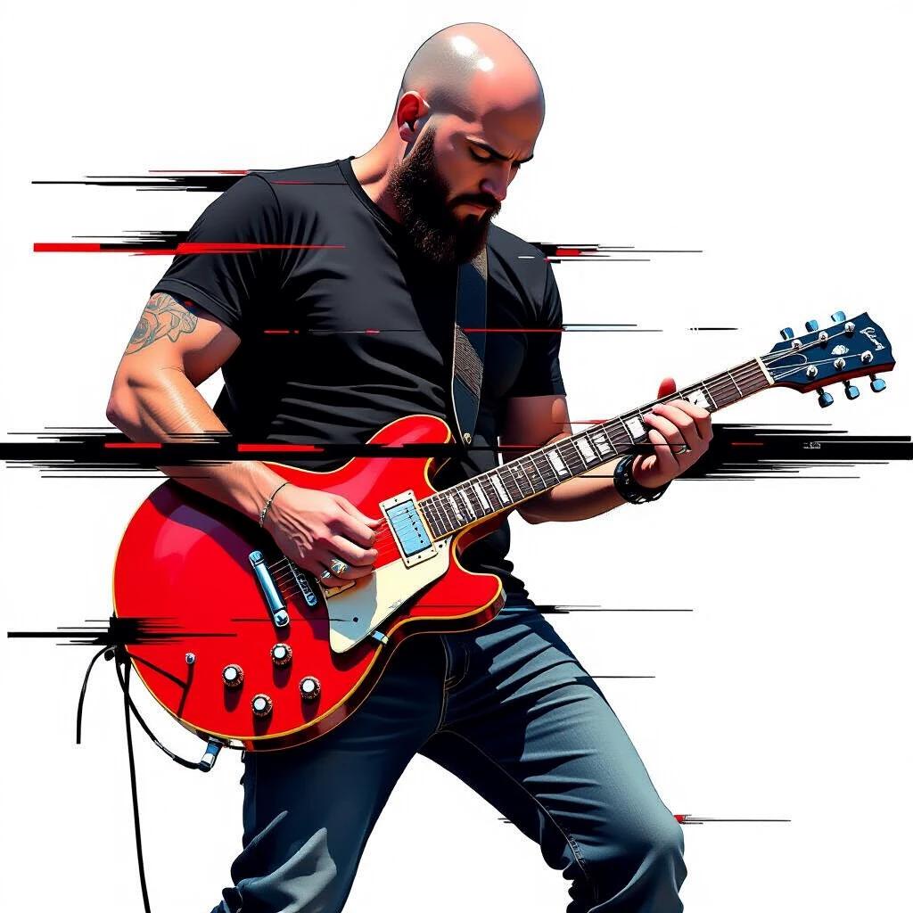 Digital artwork features bald guitarist playing red electric guitar. Emphasis on glitch art style with horizontal streaks. Man wears black t-shirt and jeans. Background is white for contrast.